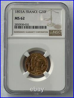 France 1893A 20 Francs Gold KM# 825 / F. 533/17 NGC Certified MS 62