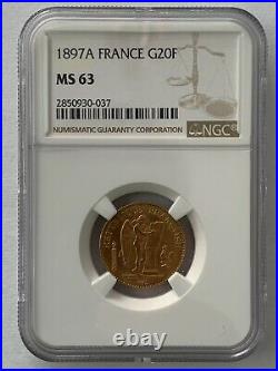 France 1897A 20 Francs Gold KM# 825 / F. 533/22 NGC Certified MS 63