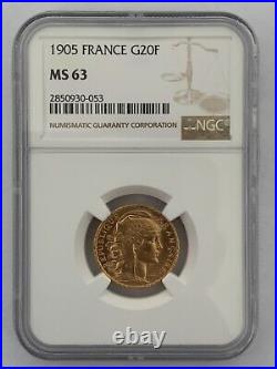France 1905 20 Francs Gold KM# 847 / F. 534/10 NGC Certified MS 63