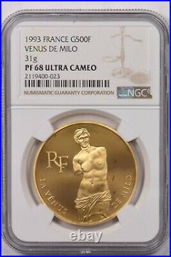 France 1993 500 Francs gold NGC Proof 68 UC Venus De Milo. 5000 minted. 31g NG105