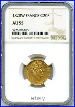 France Charles X (1824-1830) 20 Francs Gold 1828 W Lille NGC IN The 55