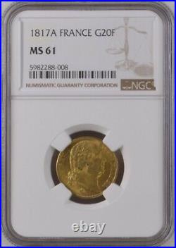 France, Gold 20 Francs 1817 A Ngc Ms 61, Rare