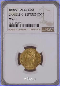 France, Gold 20 Francs 1830 A Lettered Edge Ngc Ms 61, Rare2