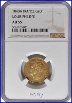 France, Gold 20 Francs 1848 A Paris Ngc Au 55, Rare