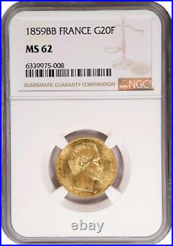 France, Gold 20 Francs 1859 Bb Napoleon III Ngc Ms 62 Top Pop, Rare5