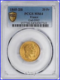 France, Gold 20 Francs 1865 Bb Napoleon III Pcgs Ms 64, Rare7