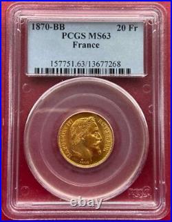 France, Gold 20 Francs 1870 Bb Napoleon III Pcgs Ms 63, Rare2