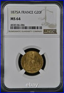 France, Gold 20 Francs 1875 A Ngc Ms 64, Rare2