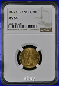 France, Gold 20 Francs 1877 A Ngc Ms 64, Rare2