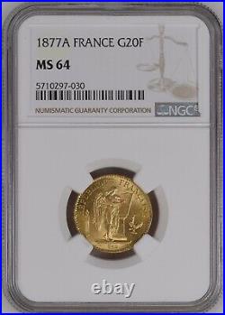 France, Gold 20 Francs 1877 A Ngc Ms 64, Rare3