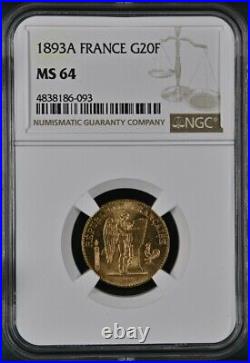 France, Gold 20 Francs 1893 A Ngc Ms 64, Rare