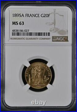 France, Gold 20 Francs 1895 A Ngc Ms 63, Rare3