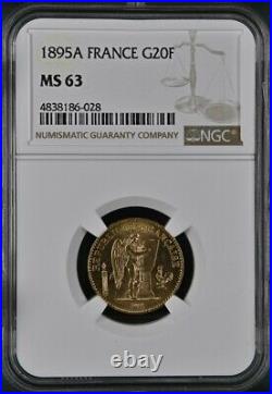 France, Gold 20 Francs 1895 A Ngc Ms 63, Rare