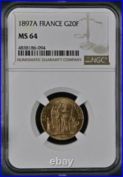 France, Gold 20 Francs 1897 A Ngc Ms 64, Rare