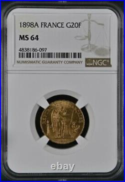 France, Gold 20 Francs 1898 A Ngc Ms 64, Rare2