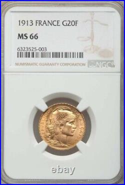 France, Gold 20 Francs 1913 Ngc Ms 66, Rare2