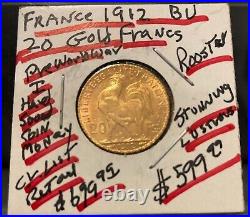 France Gold 20 Francs GEM BU 1912 Rooster-PRE WORLD WAR ONE-CLASSIC OLDER Coin