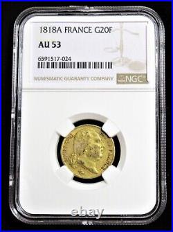 France Louis XVIII gold 20 Francs 1818-A AU53 NGC