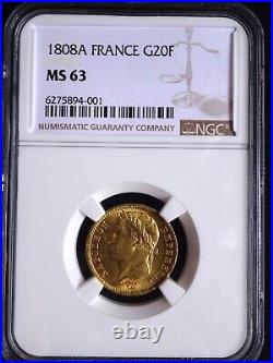 France Napoleon Gold 20 Francs 1808 A, NGC MS63