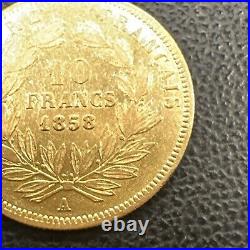 France, Ten 10 Francs, Napoléon III, 1858 A, Paris Rare Vintage Gold Coin