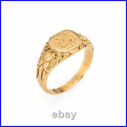 French Antique Belle Epoque Signet Ring 18k Yellow Gold Sz 5.5 Flowers Jewelry