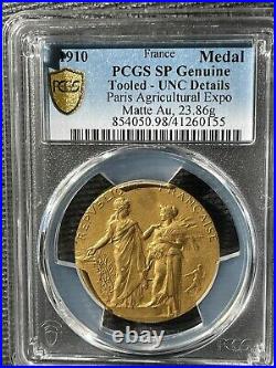 G053 FRANCE Agricultural Show Gold Award Medal, 1910. Paris Mint. PCGS UNC Detai