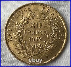 Gold Coin France Louis Napoleon Bonaparte 20 Francs 1852-A Paris Barre