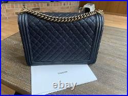 Good Condition Full Set! Chanel Quilted Caviar Large Le Boy Bag in Navy/Gold