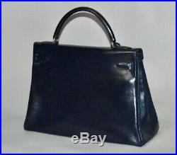 HERMES KELLY Vintage 32 Navy Blue Calf Leather Gold Hardware Organizer Hand Bag