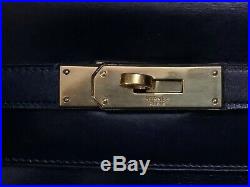 HERMES KELLY Vintage 32 Navy Blue Calf Leather Gold Hardware Organizer Hand Bag