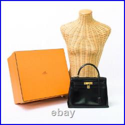 HERMES Kelly 28 Handbag Boxcalf K 1981 Black Noir Gold vintage Outer stitch