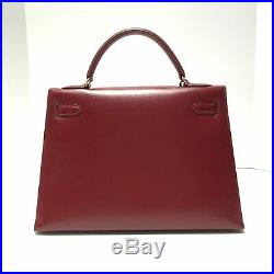 HERMES Vintage Kelly 32 Sellier Dark Red Rouge Box Leather Gold Hardware Bag