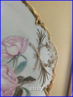Haviland Limoge France, Gold Rim Antique Charger withPink Roses Artist Signed 1896