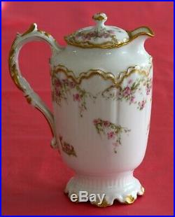 Haviland Limoges France Chocolate Pot And 6 Cups Saucers Pink Roses Double Gold