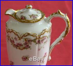 Haviland Limoges France Chocolate Pot And 6 Cups Saucers Pink Roses Double Gold