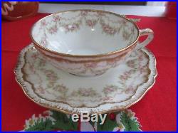 Haviland Limoges France Cup Saucer Set Pink Rose Swags Ribbons Bows DOUBLE GOLD
