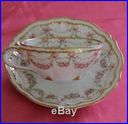 Haviland Limoges France Cup Saucer Set Pink Rose Swags Ribbons Bows Double Gold