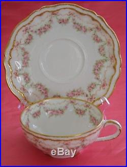 Haviland Limoges France Cup Saucer Set Pink Rose Swags Ribbons Bows Double Gold