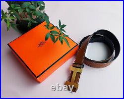 Hermes Belt Brush Gold Buckle Black Gold Strap Reversible Leather Belt EU 95cm