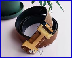 Hermes Belt Brush Gold Buckle Black Gold Strap Reversible Leather Belt EU 95cm