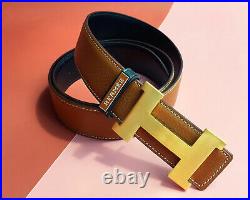 Hermes Brush Gold Buckle Black Gold Strap Reversible Leather Belt EU Size 95cm