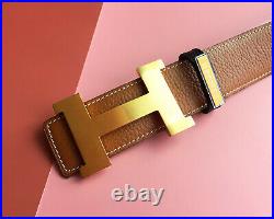 Hermes Brush Gold Buckle Black Gold Strap Reversible Leather Belt EU Size 95cm