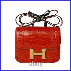 Hermes Constance Alligator 18cm Bag Purse, Red, Gold, Box, Dust Bag, 100$ Auth