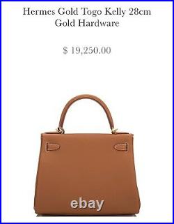 Hermes Gold Retourne Kelly 28cm in togo leather with gold hardware