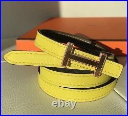 Hermes Thin Yellow Lime Etoupe Epsom Leather Belt Rose Gold Buckle Size 70 Small