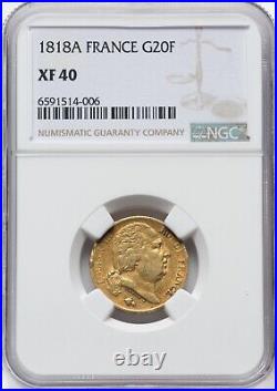 King Louis XVIII France 20 Francs Gold Coin 1818 NGC XF-40 Extremely Fine Toned