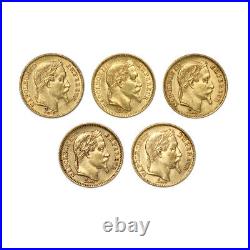 Lot of 5 France Gold 20 Francs Napoleon About Uncirculated Laureate Head coins