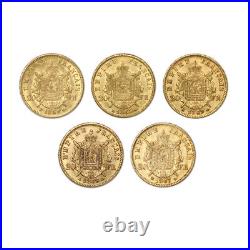 Lot of 5 France Gold 20 Francs Napoleon About Uncirculated Laureate Head coins