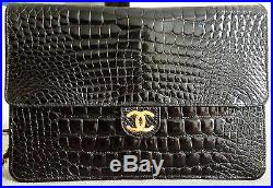 MINT Classic CHANEL Black Crocodile Alligator 24K Gold Chain 10 Flap Clutch Bag