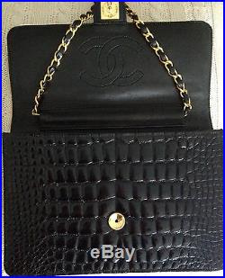 MINT Classic CHANEL Black Crocodile Alligator 24K Gold Chain 10 Flap Clutch Bag